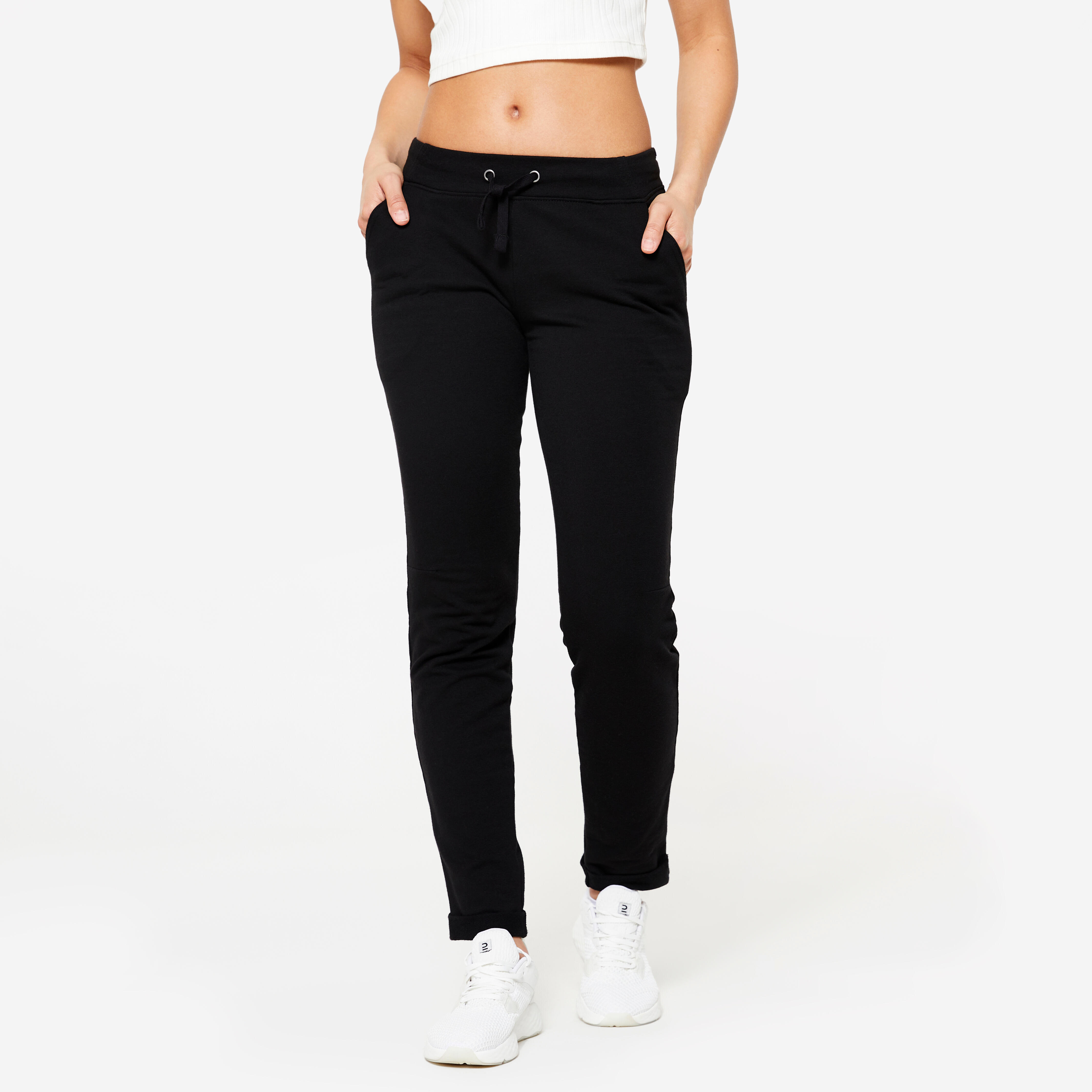 Pantalon jogger fitness recto algodon Mujer Domyos negro
